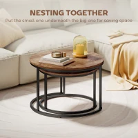 HOMCOM Coffee Table Set of 2, Round Nest of Tables with Metal Frame, Modern Side Tables for Living Room, Rustic Brown(m-4)