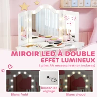 AIYAPLAY Coiffeuse enfant 2 en 1 avec tabouret miroir triptyque et lumières LED bicolores  93,6 x 48,5 x 111,5 cm blanc(m-5)