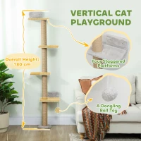 PawHut Wall Mounted Cat Shelves, Cat Climbing Wall with 4 Climbing Platforms, Jute Scratching Post and Toy Ball,180cm Tall, Light Grey(m-4)