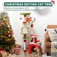 PawHut Cat Tree, 120cm Christmas Cat Tower with 3 Scratching Posts, Scratching Board, 2 Perches, Platforms, Toys, Green(m-4)