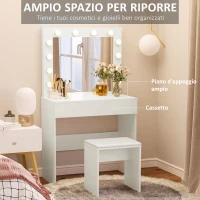HOMCOM Postazione Trucco, Toeletta Trucco con Specchio, 12 Luci LED, Sgabello Imbottito e Ampio Cassetto in Legno, 80x40x140 cm, Bianco(m-4)