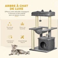 PawHut Arbre à chat avec griffoir, en tissu peluche, tour de jeux pour chat, lit, niche, hamac, plateforme 48 x 48 x 90 cm gris(m-4)