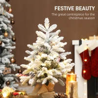 HOMCOM 60 cm Prelit Small Christmas Tree with 35 LED Lights, Snow Flocked Tabletop Mini Xmas Tree with Pine Cones, Berry Clusters and Linen Cover Base, Battery Operated, Green(m-4)