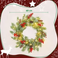 HOMCOM 60 cm Prelit Christmas Wreath, Door Wreath with Realistic Branches, 30 Warm White LEDs, Timer, Battery Operated(m-3)