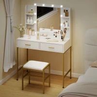 HOMCOM Dressing Table with Lighted Mirror, Cushioned Stool, Drawers, Shelves, LED Makeup Vanity Desk Set, Modern Dresser Vanity Table for Bedroom, White(m-7)