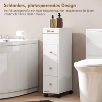 HOMCOM Badezimmerschrank Schmal, Badschrank mit 4 Rollen, 3 Schubladen, 5 offenen Fächern, 20x40x80cm, Weiß(m-7)