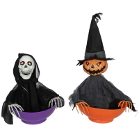 Outsunny 2pcs Animated Halloween Skull Bowl, Skeleton Ghost Skull Candy Dish with LED Eyes, Moving Body and Creepy Sound for Party Decoration, Festival Haunted Houses(m-11)