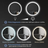 kleankin Espelho Casa de Banho Redondo com Luzes LED Ø60 cm Função Antiembaciamento 3 Luzes Função de Memória e Interruptor Tátil Prata(m-5)