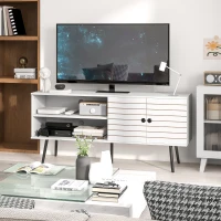 HOMCOM TV Stand with Cupboard, Open Shelves, Striped Doors, Wooden legs, White(m-8)