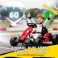 AIYAPLAY Gokart elektryczny 24 V, tryb driftu, regulowane siedzenie, 5-punktowy pas bezpieczeństwa, funkcja muzyki, klakson, 6-12 lat, czerwony(m-5)