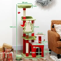 PawHut Cat Tree, 120cm Christmas Cat Tower with 3 Scratching Posts, Scratching Board, 2 Perches, Platforms, Toys, Green(m-3)