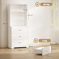 HOMCOM Bücherschrank Hochschrank Vitrinenschrank mit 3 Schubladen, 3 offen Regalen, für Wohnzimmer Küche, 79x39,5x180 cm, Weiß(m-3)