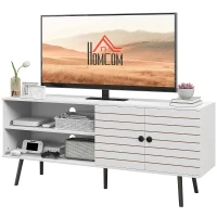HOMCOM TV Stand with Cupboard, Open Shelves, Striped Doors, Wooden legs, White(m-11)