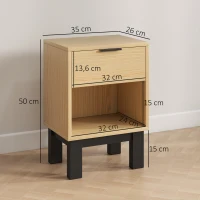 HOMCOM Nachttisch, Nachtschrank mit Schublade, offenes Fach, Nachtkommode für Schlafzimmer, Wohnzimmer, 35 x 26 x 50 cm, Eiche(m-3)