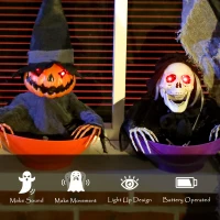 Outsunny 2pcs Animated Halloween Skull Bowl, Skeleton Ghost Skull Candy Dish with LED Eyes, Moving Body and Creepy Sound for Party Decoration, Festival Haunted Houses(m-6)