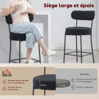 HOMCOM Lot de 2 tabourets de bar en tissu bouclette, chaises de bar avec dossier courbé, repose-pieds, 49x52x95cm, noir(m-4)