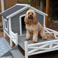 PawHut Small/Medium Dog House with Porch, Grey(m-8)