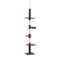 PawHut Árbol para Gatos de Suelo a Techo de 230-260 cm con Altura Ajustable Plataformas Hamaca y Postes de Sisal Marrón(m-1)