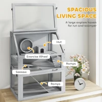 PawHut Wooden Hamster Cage with Detachable 32cm Deep Bottom, Hut, Seesaw, Exercise Wheel, Ramp, 60 x 40 x 75cm, Light Grey(m-4)
