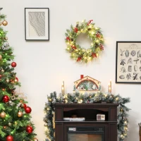 HOMCOM 60 cm Prelit Christmas Wreath, Door Wreath with Realistic Branches, 30 Warm White LEDs, Timer, Battery Operated(m-8)