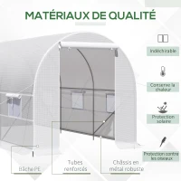 Outsunny Serre de jardin tunnel 8m², serre tunnel de jardin cadre en métal, 1 porte et 6 fenêtres, bâche PE, 400x200x200cm, blanc(m-4)