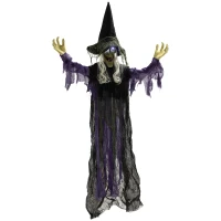 Outsunny 183 cm Life Size Halloween Animated Hanging Witch with Glowing LED Eyes, Spooky Witch Scary Halloween Decorations, Battery Operated, Indoor Party Props(m-1)