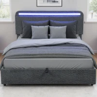 HOMCOM Lit coffre 140 x 190 cm avec éclairage LED, tête de lit réglable, cadre de lit double, sommier à lattes en bois, gris(m-6)