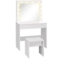 HOMCOM Postazione Trucco, Toeletta Trucco con Specchio, 12 Luci LED, Sgabello Imbottito e Ampio Cassetto in Legno, 80x40x140 cm, Bianco(m-1)