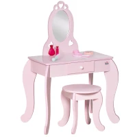 HOMCOM Coiffeuse Enfant Design Girly avec Motifs à Coeur - Tabouret Inclus - dim. 60L x 36l x 88H cm - tiroir, Miroir - MDF - Rose(m-1)