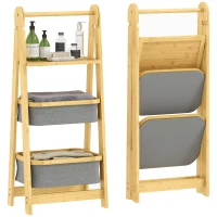 HOMCOM Estantería para Baño Plegable de Bambú con 2 Cestos para Ropa Sucia Estante Abierto Gris(m-10)
