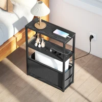 HOMCOM Beistelltisch Sofatisch mit Steckdosenleiste, Ablage, für Kleine Räume, 45x18x60,2cm, Schwarz(m-8)