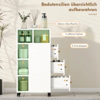 HOMCOM Badezimmerschrank Schmal, Badschrank mit 4 Rollen, 3 Schubladen, 5 offenen Fächern, 20x40x80cm, Weiß(m-4)