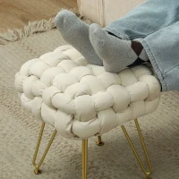 HOMCOM Velvet-Feel Bold Woven Footstool - Cream White(m-8)