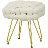 HOMCOM Velvet-Feel Bold Woven Footstool - Cream White(m-11)