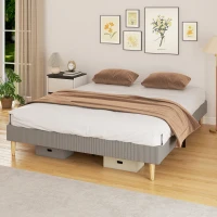 HOMCOM Cadre de lit 160 x 200 cm avec sommier à lattes en bois, lit double rembourré en velours côtelé, gris(m-4)