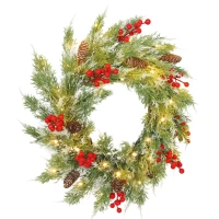 HOMCOM 60 cm Prelit Christmas Wreath, Door Wreath with Realistic Branches, 30 Warm White LEDs, Timer, Battery Operated(m-11)