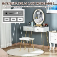 HOMCOM Postazione Trucco con Specchio Luci a LED in Stile Industriale, Toeletta Trucco con Sgabello, Mobile Toeletta con Interruttore Touch, Bianco(m-6)