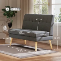 HOMCOM 2-Sitzer-Sofa, getuftete Rückenlehne, Holzbeine, dicke Polsterung, Leinenoptik, für kleine Räume, Grau(m-3)