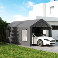 Outsunny Carport tente de garage 3 x 6 m avec parois latérales amovibles, 2 portes enroulables et 4 fenêtres, gris foncé(m-2)