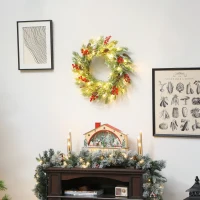 HOMCOM 60 cm Prelit Christmas Wreath, Door Wreath with Realistic Branches, 30 Warm White LEDs, Timer, Battery Operated(m-2)