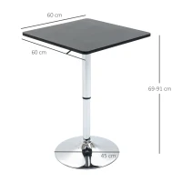 HOMCOM Table de bar table bistro chic style contemporain table carrée pivotante hauteur réglable dim. 60L x 60l x 82-103H cm métal chromé MDF noir(m-3)