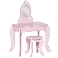 HOMCOM Tocador Infantil de Madera para 3-6 Años con Cajón Taburete a Juego y Espejo Tipo Princesa 60x36x88 cm Rosa