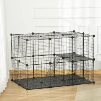 PawHut Enclos pour petits animaux, cage à lapin modulable 3 niveaux, 39 panneaux avec  rampes, en métal, 70 x 70 x 105 cm, noir(m-2)