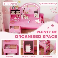 AIYAPLAY Kids Vanity Table and Chair Set, Girls Dressing Table with 2-Colour LED Mirror, Stool, Cabinet, Drawer, Shelves, Pink(m-6)