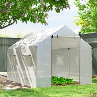 Outsunny Serre de jardin tunnel 2 x 3m, 6m² avec porte enroulable, 4 fenêtres, - Acier galvanisé PE Haute densité Blanc(m-10)