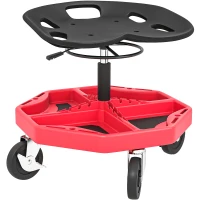 HOMCOM Taburete de Taller Móvil con Bandeja Magnética Ruedas Altura Ajustable de 52–59,5 cm Carga 135 kg para Garaje Rojo(m-1)