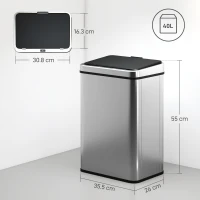 HOMCOM 40L Sensor Bin with Quiet Soft-Close Lid, Automatic Touchless Motion Sensor Kitchen Bin with Fingerprint Resistant Stainless Steel for Hygienic Gyms, Home Office Use, Silver Tone(m-3)