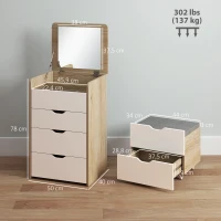 HOMCOM Coiffeuse de Maquillage 3 en 1 avec Tabouret Caché et Miroir Rabattable Table de Maquillage en Verre Visible Chêne et Blanc(m-3)