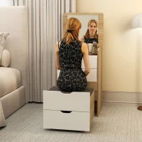 HOMCOM Coiffeuse de Maquillage 3 en 1 avec Tabouret Caché et Miroir Rabattable Table de Maquillage en Verre Visible Chêne et Blanc(m-5)