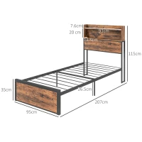 HOMCOM Industrial Single Bed Frame, 3.1FT Steel Bed Base with Storage Headboard, Footboard, Slatted Support and Under Bed Storage, 95 x 207cm, Rustic Brown(m-3)